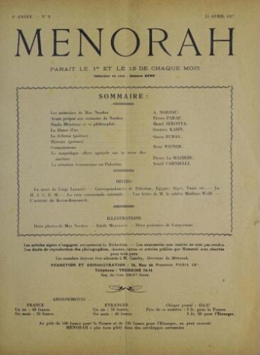 Menorah : L’Illustration Juive Vol.06 N°08 (15 avr. 1927)